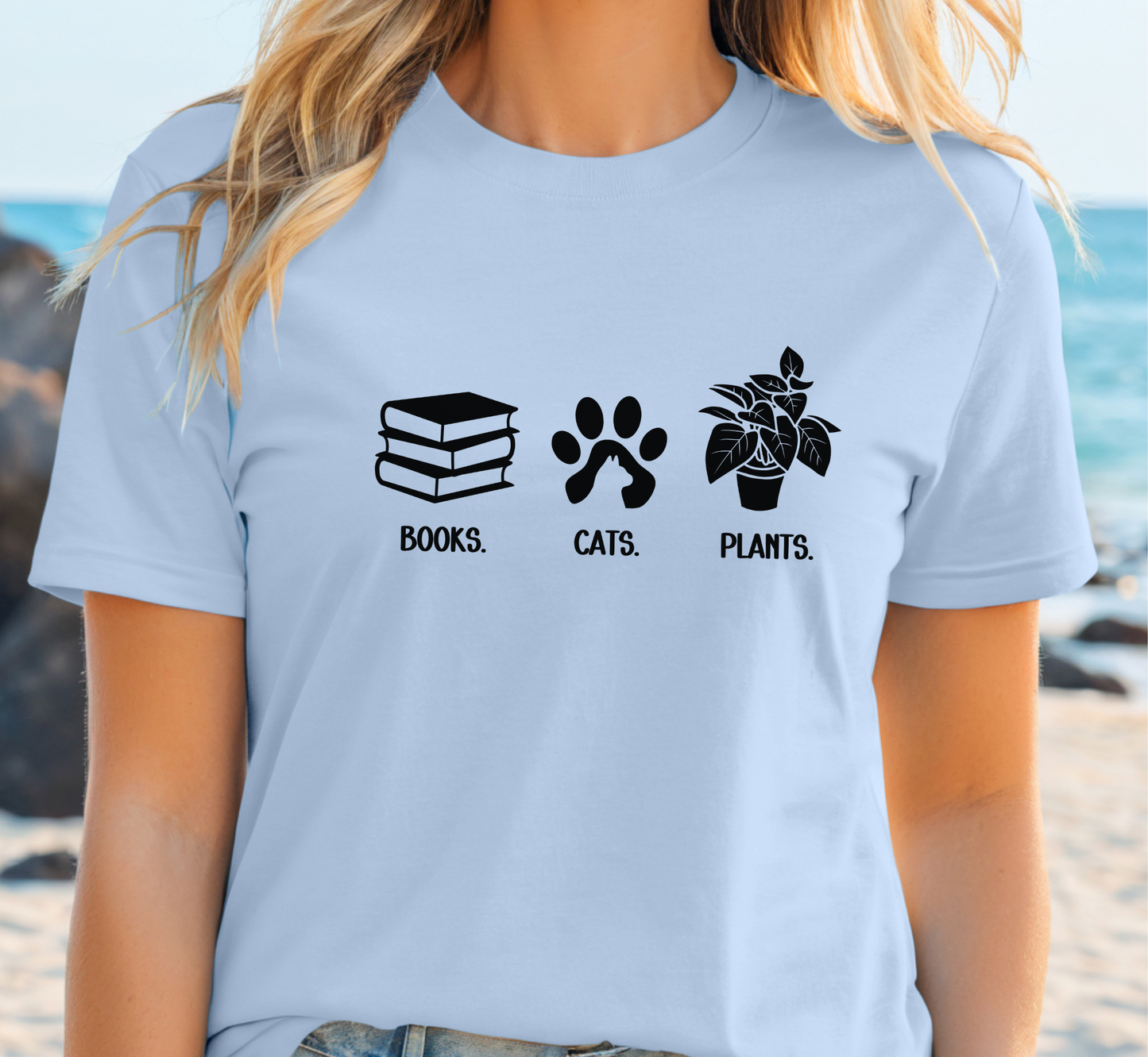 Books Cats Plants T-Shirt, Book Lover Tee, Cat Lover Shirt, Plant Lover Tee