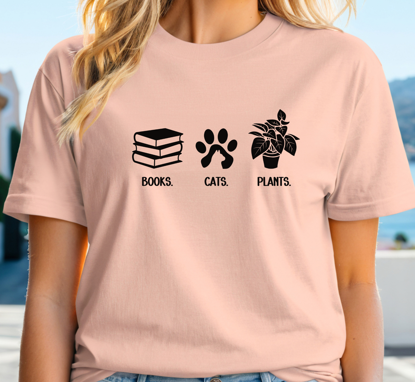 Books Cats Plants T-Shirt, Book Lover Tee, Cat Lover Shirt, Plant Lover Tee