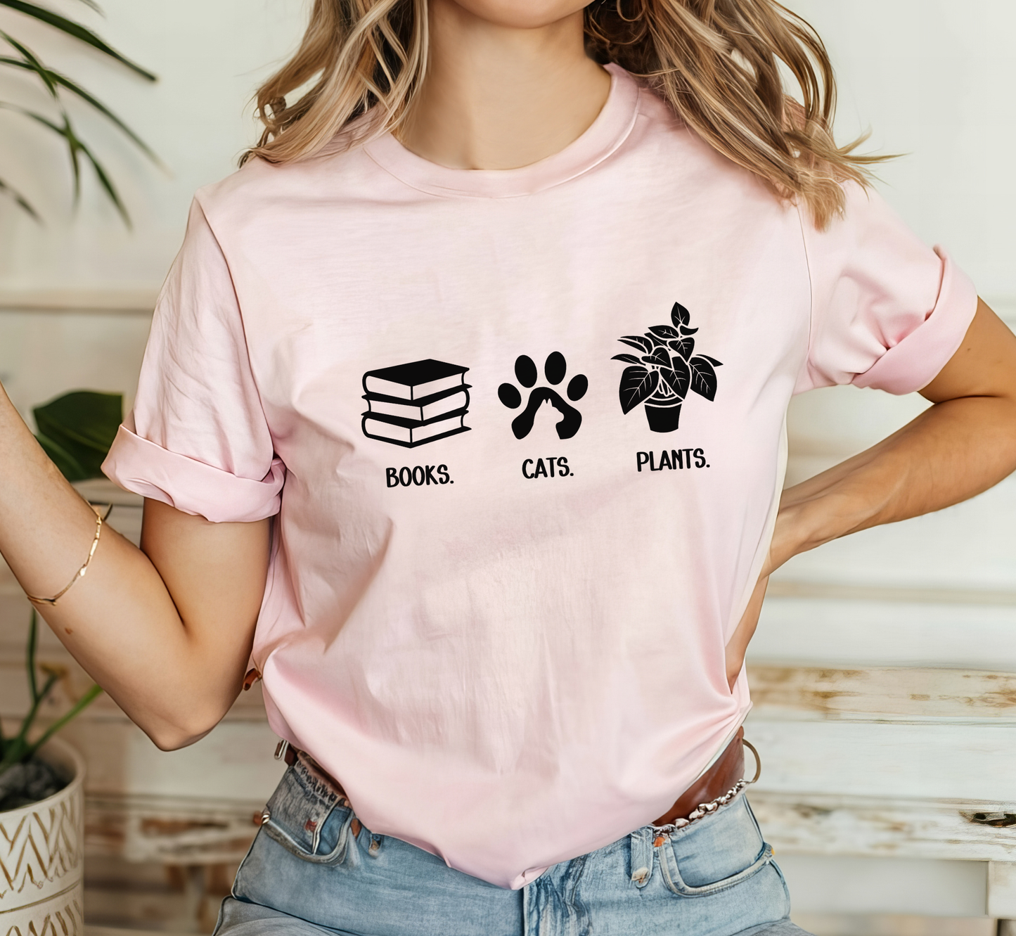 Books Cats Plants T-Shirt, Book Lover Tee, Cat Lover Shirt, Plant Lover Tee
