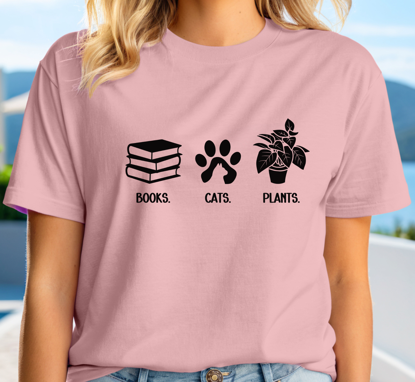 Books Cats Plants T-Shirt, Book Lover Tee, Cat Lover Shirt, Plant Lover Tee