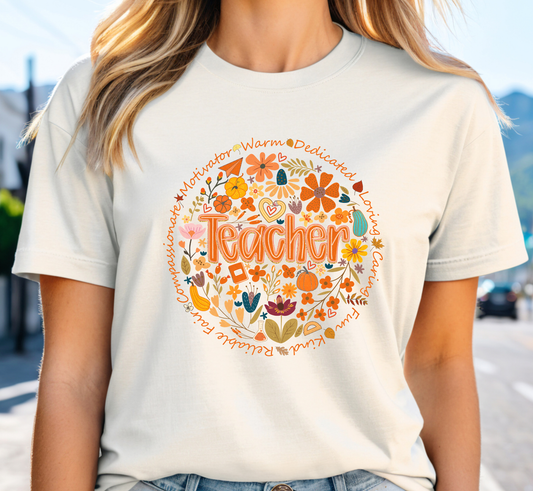 Fall Teacher T-Shirt, Autumn Floral Teacher Tee, Inspirational Fall Teaching Shirt