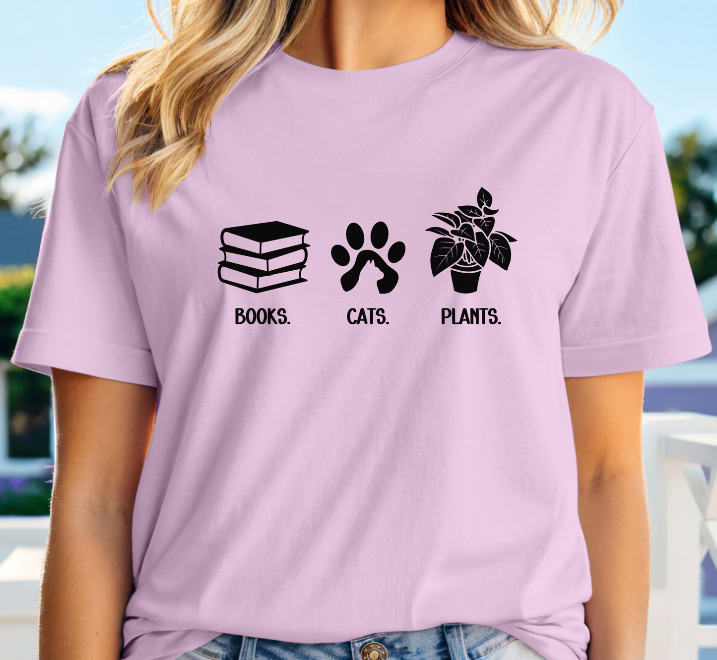 Books Cats Plants T-Shirt, Book Lover Tee, Cat Lover Shirt, Plant Lover Tee