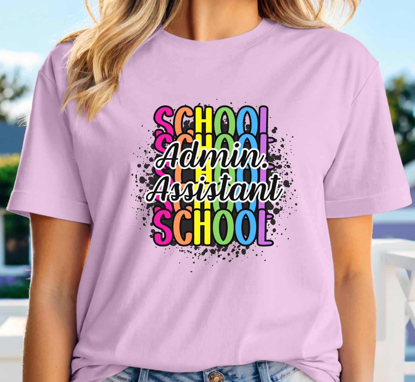 School Administrative Assistant T-Shirt, Rainbow Paint Splatter Tee,  Admin Assistant Day Gift