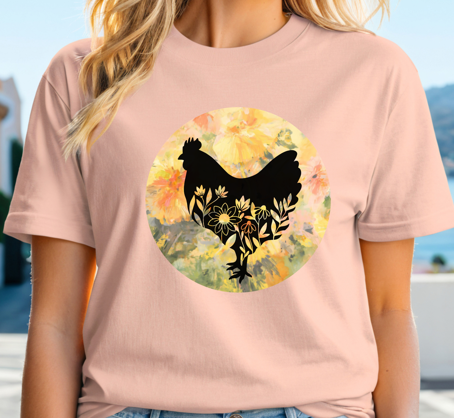 Floral Chicken Silhouette T-Shirt, Chicken Lover Tee, Flower Lover