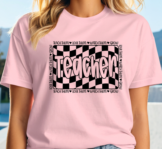 Retro Checkered Teacher Tee, Pastel Colors, Teach Them Love Them Watch Them Grow T-Shirt