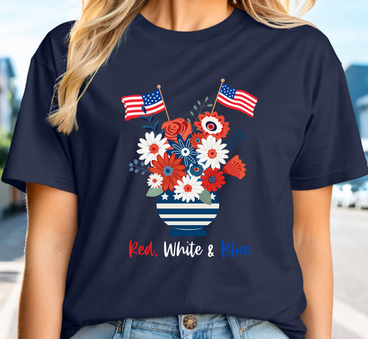 Floral Independence Day T-Shirt, Red White and Blue Flowers, 4th of July Shirt