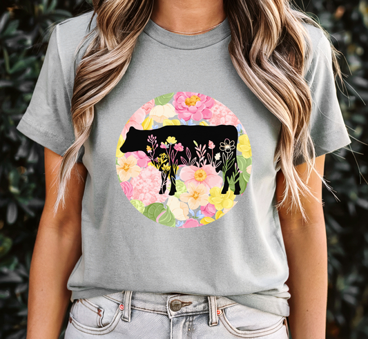 Floral Cow Silhouette T-Shirt, Cow Lover Tee, Farm Tee