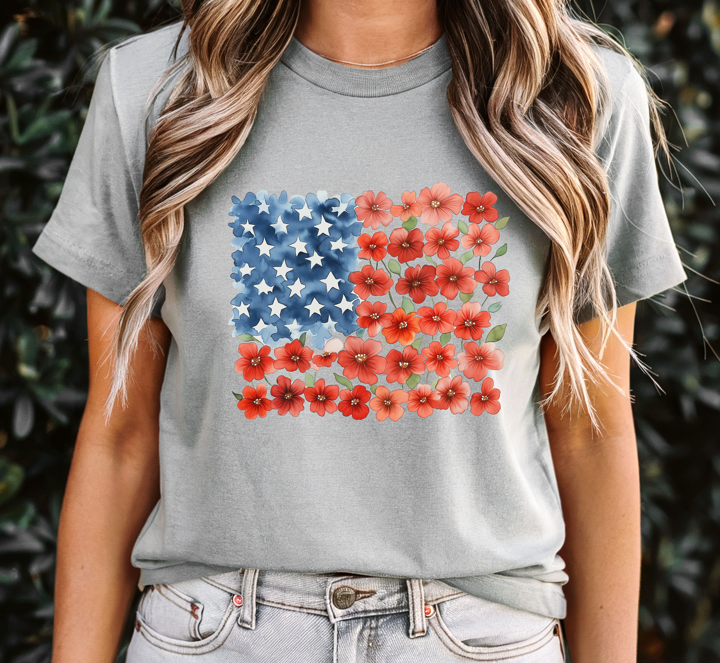 Patriotic Red Flower Striped Tee, Floral American Flag T-Shirt, 4th of July Shirt