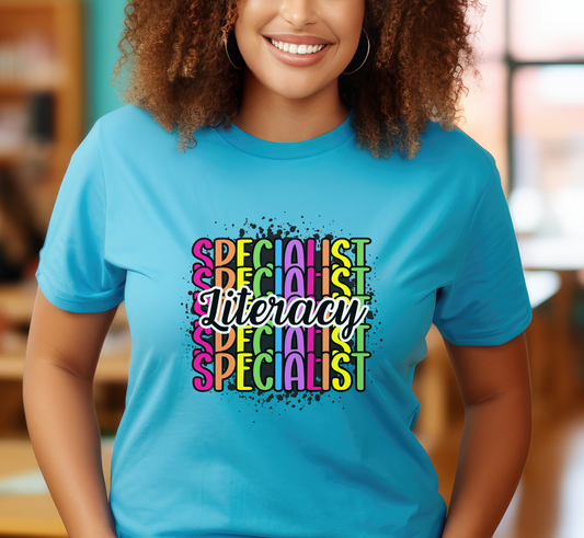 Literacy Specialist Rainbow Paint Splatter Tee, Coach Shirt, Teacher Specialist T-Shirt