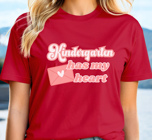 Kindergarten Has My Heart Teacher T-Shirt, Valentine's Day Shirt, Kinder Teacher Tee