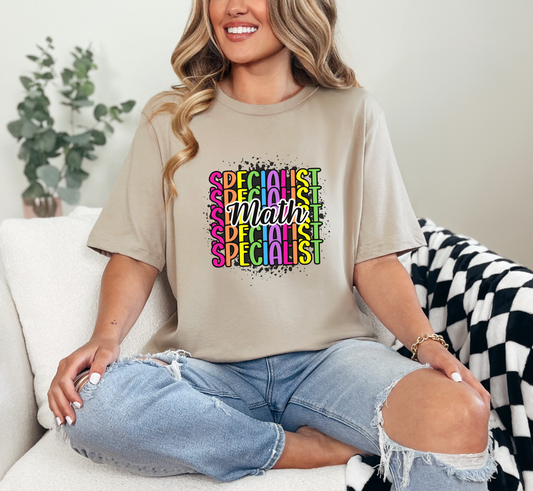 Math Specialist Rainbow Paint Splatter Tee, Teacher Specialist T-Shirt