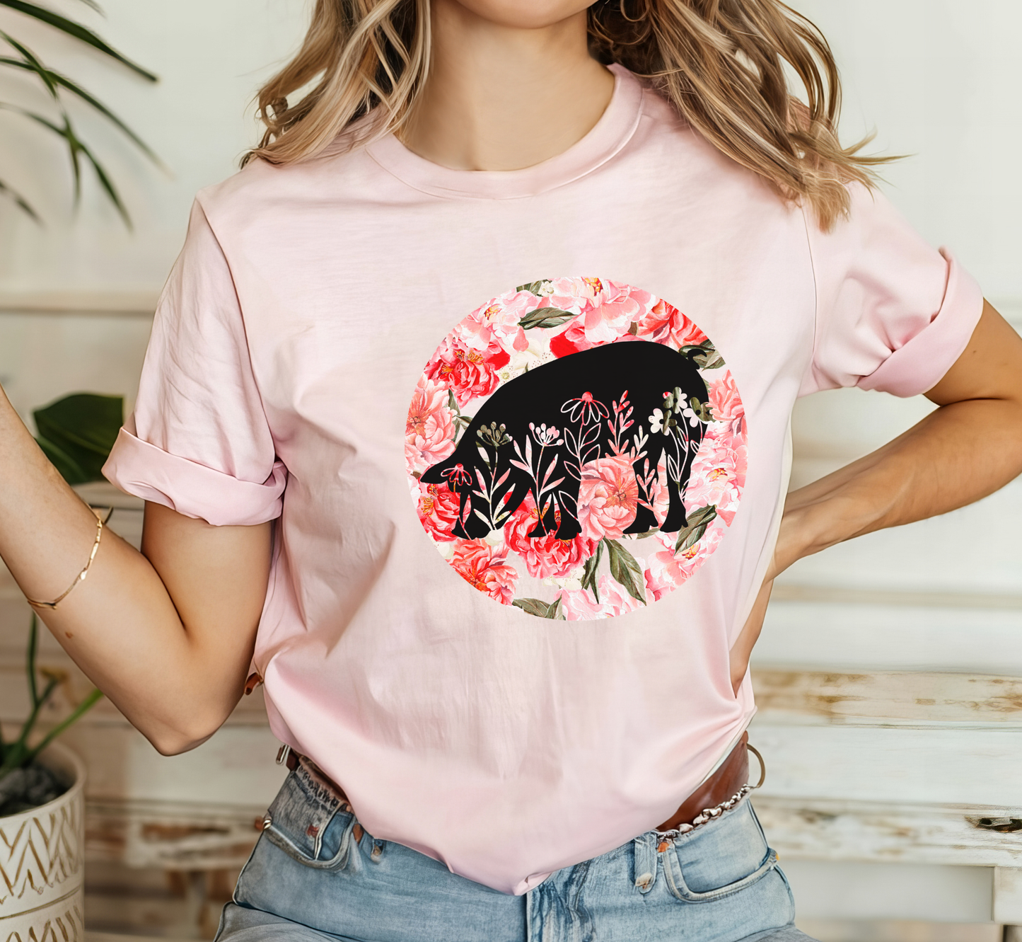 Floral Pig Silhouette T-Shirt, Piggy Lover Tee, Farm Animal Tee