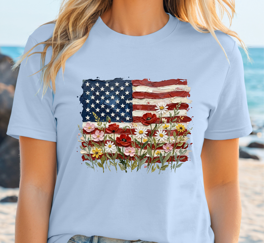 Patriotic Wildflower Tee, Floral American Flag T-Shirt, 4th of July Shirt