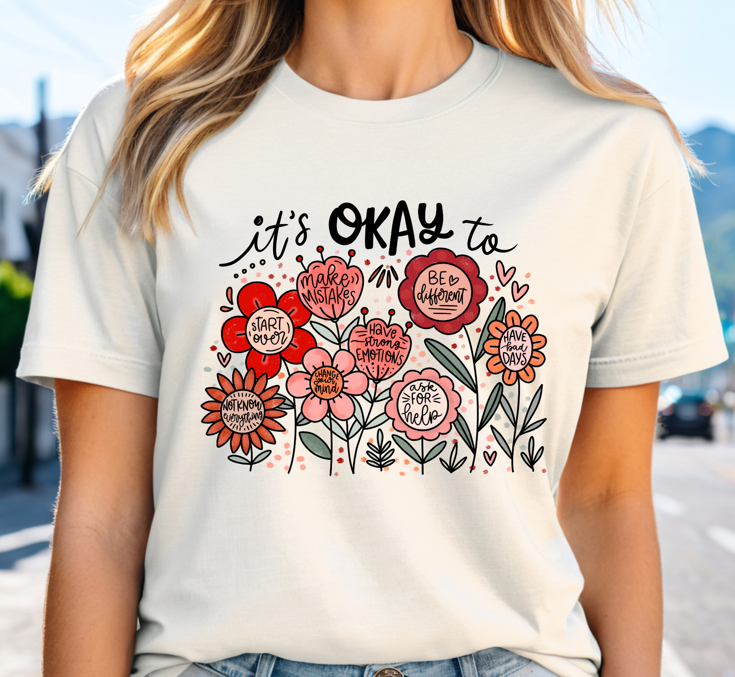 It's Okay To... Self-Kindness Boho Floral Tee, Inspirational T-Shirt
