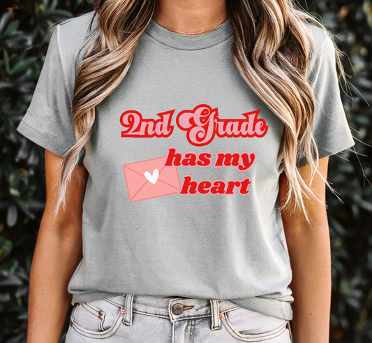 Second Grade Has My Heart Teacher T-Shirt, Valentine's Day Shirt, 2nd Grade Teacher Tee