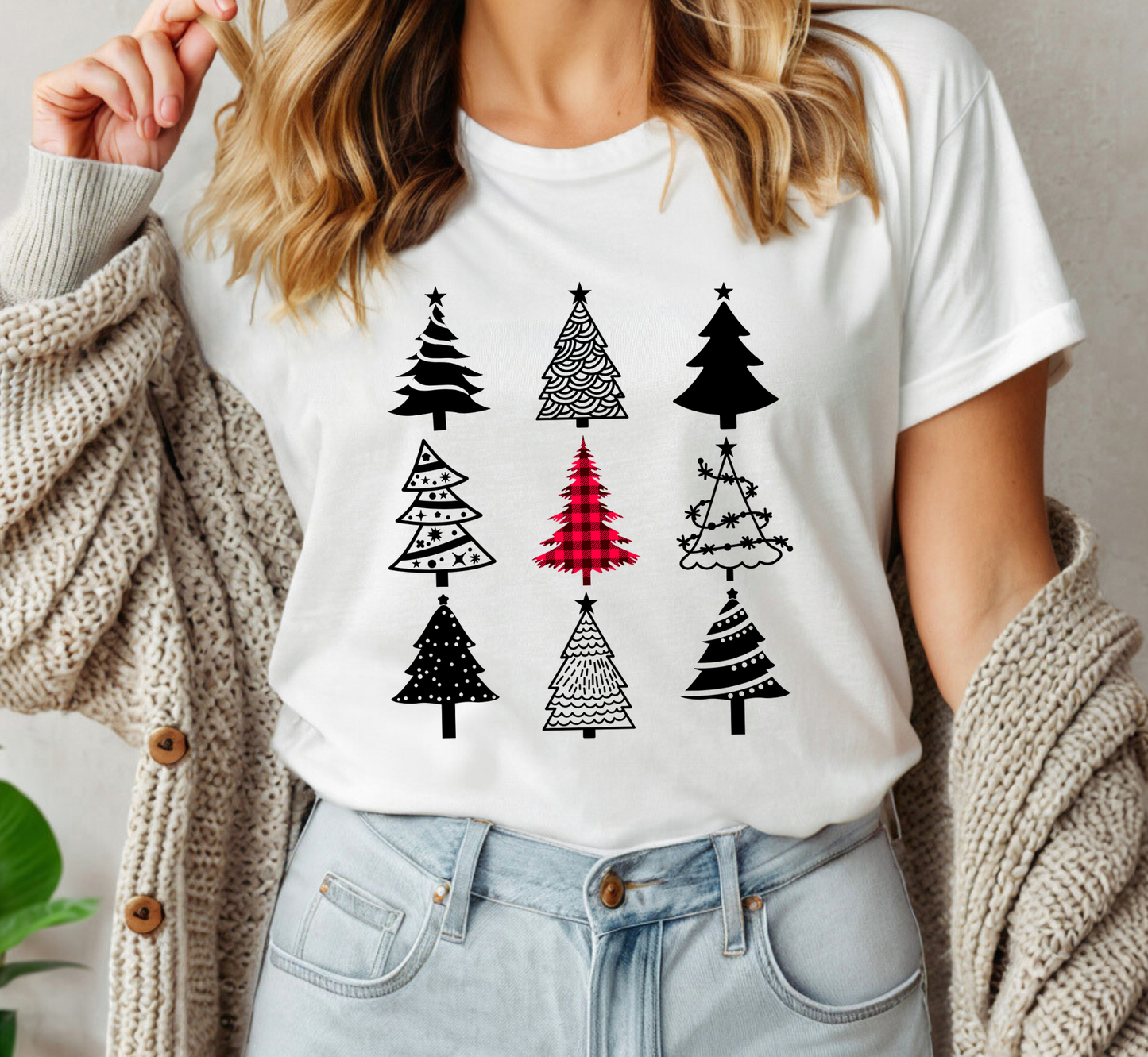 Monochrome Christmas Trees T-Shirt, Plaid Christmas Tree Tee, Holiday Pajama Shirt, Cozy Xmas Tee, Family PJ Tee