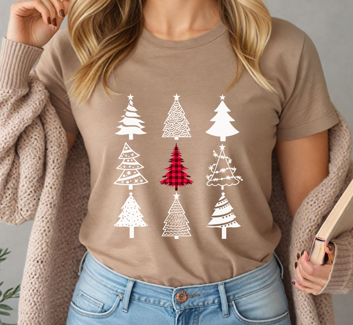 Monochrome Christmas Trees T-Shirt, Plaid Christmas Tree Tee, Holiday Pajama Shirt, Cozy Xmas Tee, Family PJ Tee