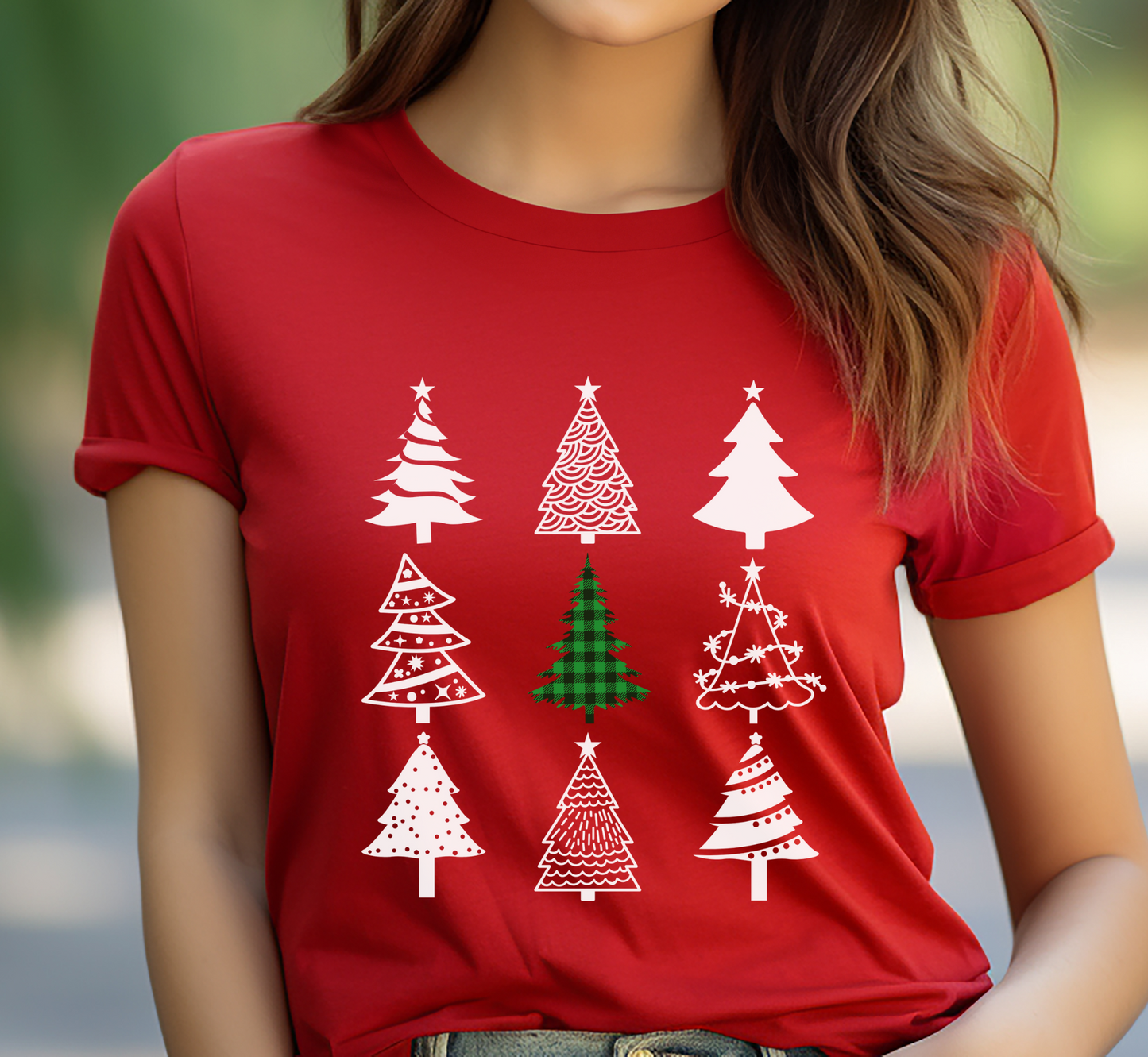 Monochrome Christmas Trees T-Shirt, Plaid Christmas Tree Tee, Holiday Pajama Shirt, Cozy Xmas Tee, Family PJ Tee