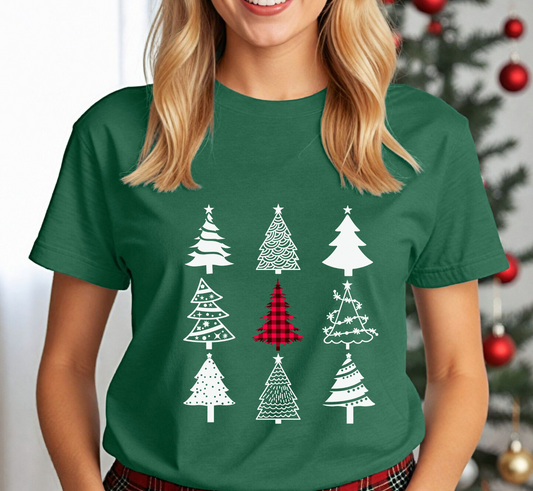 Monochrome Christmas Trees T-Shirt, Plaid Christmas Tree Tee, Holiday Pajama Shirt, Cozy Xmas Tee, Family PJ Tee