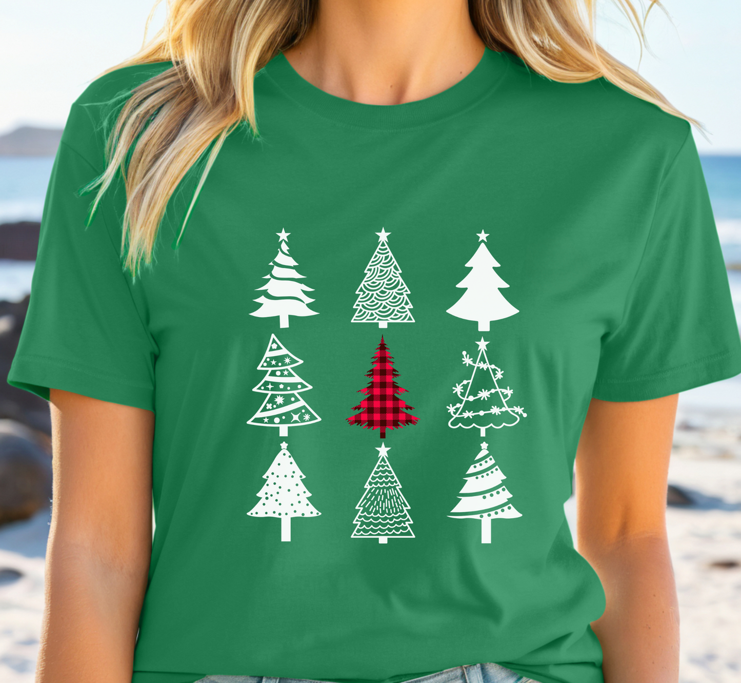 Monochrome Christmas Trees T-Shirt, Plaid Christmas Tree Tee, Holiday Pajama Shirt, Cozy Xmas Tee, Family PJ Tee