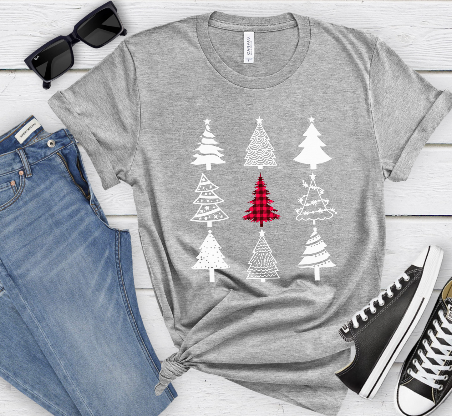Monochrome Christmas Trees T-Shirt, Plaid Christmas Tree Tee, Holiday Pajama Shirt, Cozy Xmas Tee, Family PJ Tee
