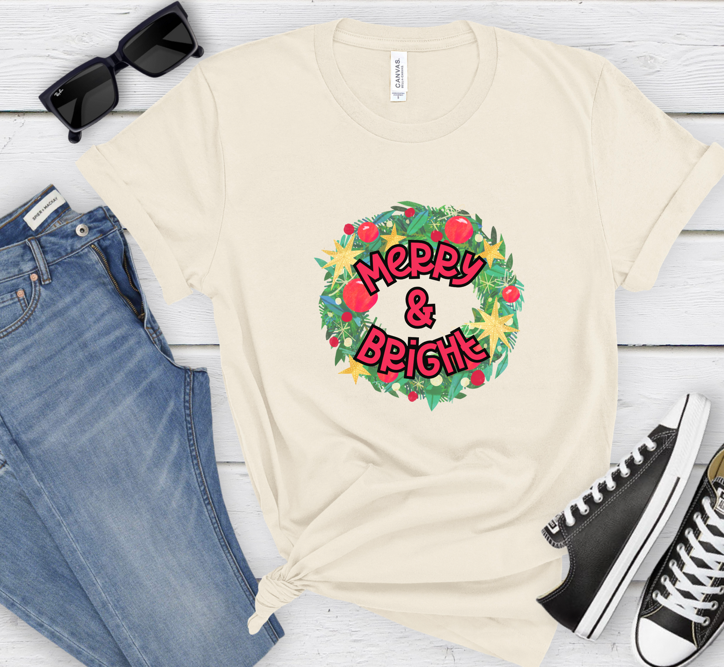 Merry and Bright T-Shirt, Christmas Tee, Holiday Shirt, Cozy Christmas PJ Shirt, Family Christmas Tee