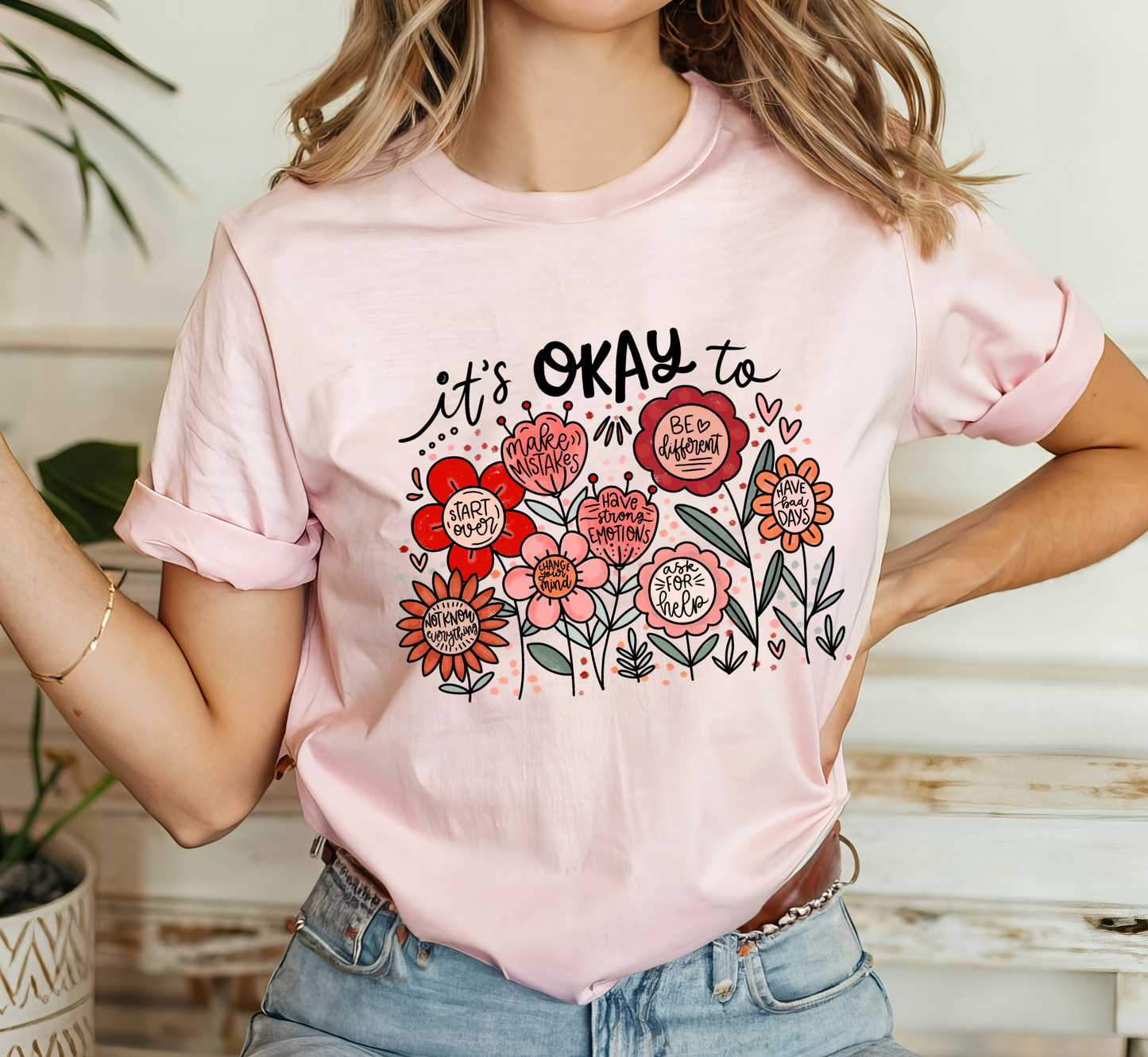 It's Okay To... Self-Kindness Boho Floral Tee, Inspirational T-Shirt