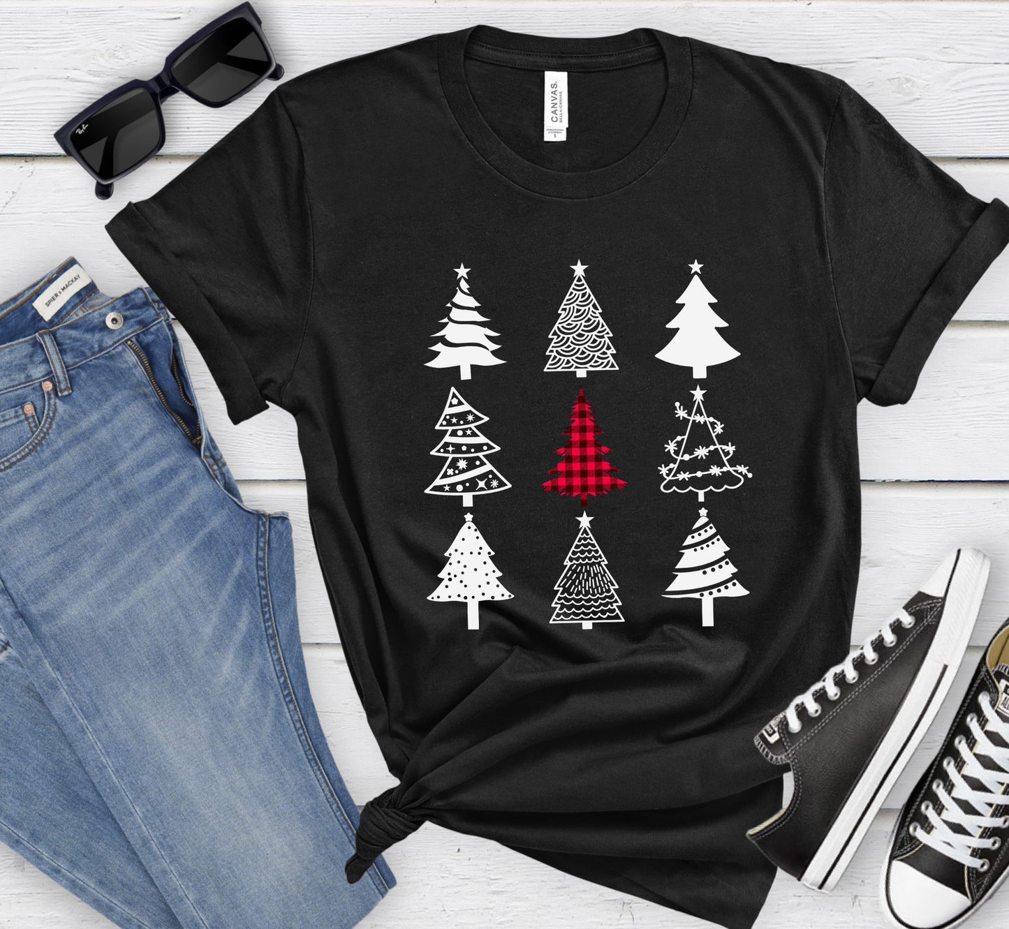 Monochrome Christmas Trees T-Shirt, Plaid Christmas Tree Tee, Holiday Pajama Shirt, Cozy Xmas Tee, Family PJ Tee