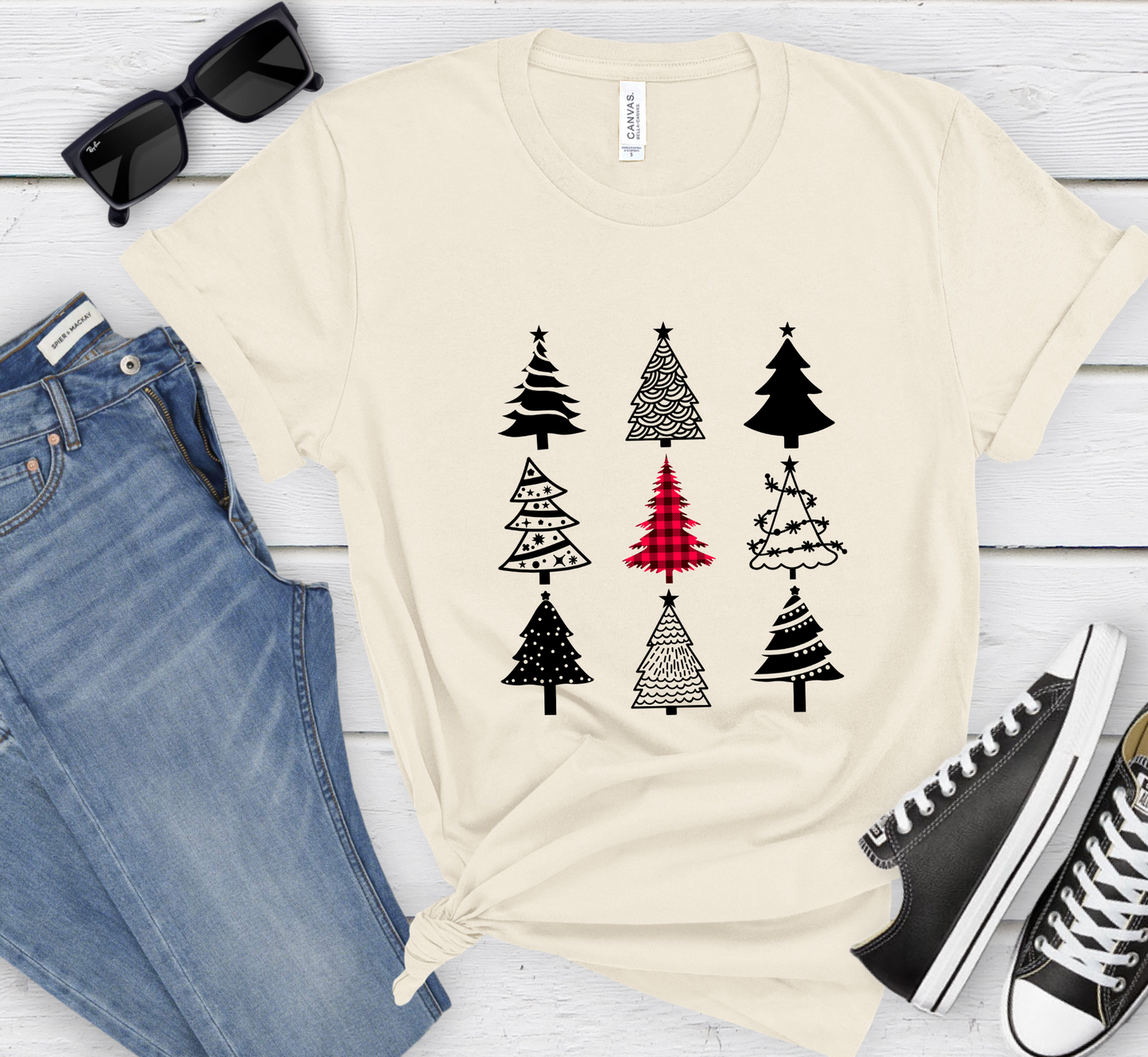 Monochrome Christmas Trees T-Shirt, Plaid Christmas Tree Tee, Holiday Pajama Shirt, Cozy Xmas Tee, Family PJ Tee