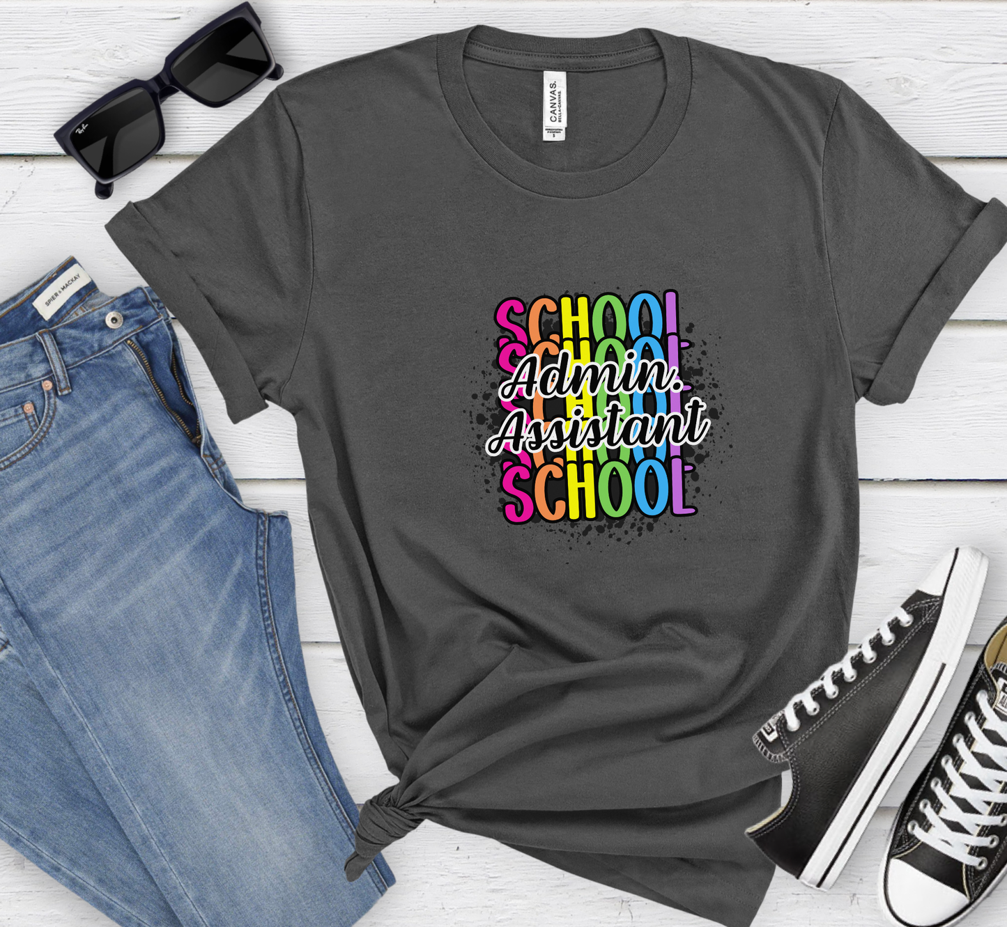 School Administrative Assistant T-Shirt, Rainbow Paint Splatter Tee,  Admin Assistant Day Gift