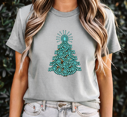 Turquoise Christmas Tree T-shirt, Women's Western Holiday Tee, Cowgirl Christmas Shirt