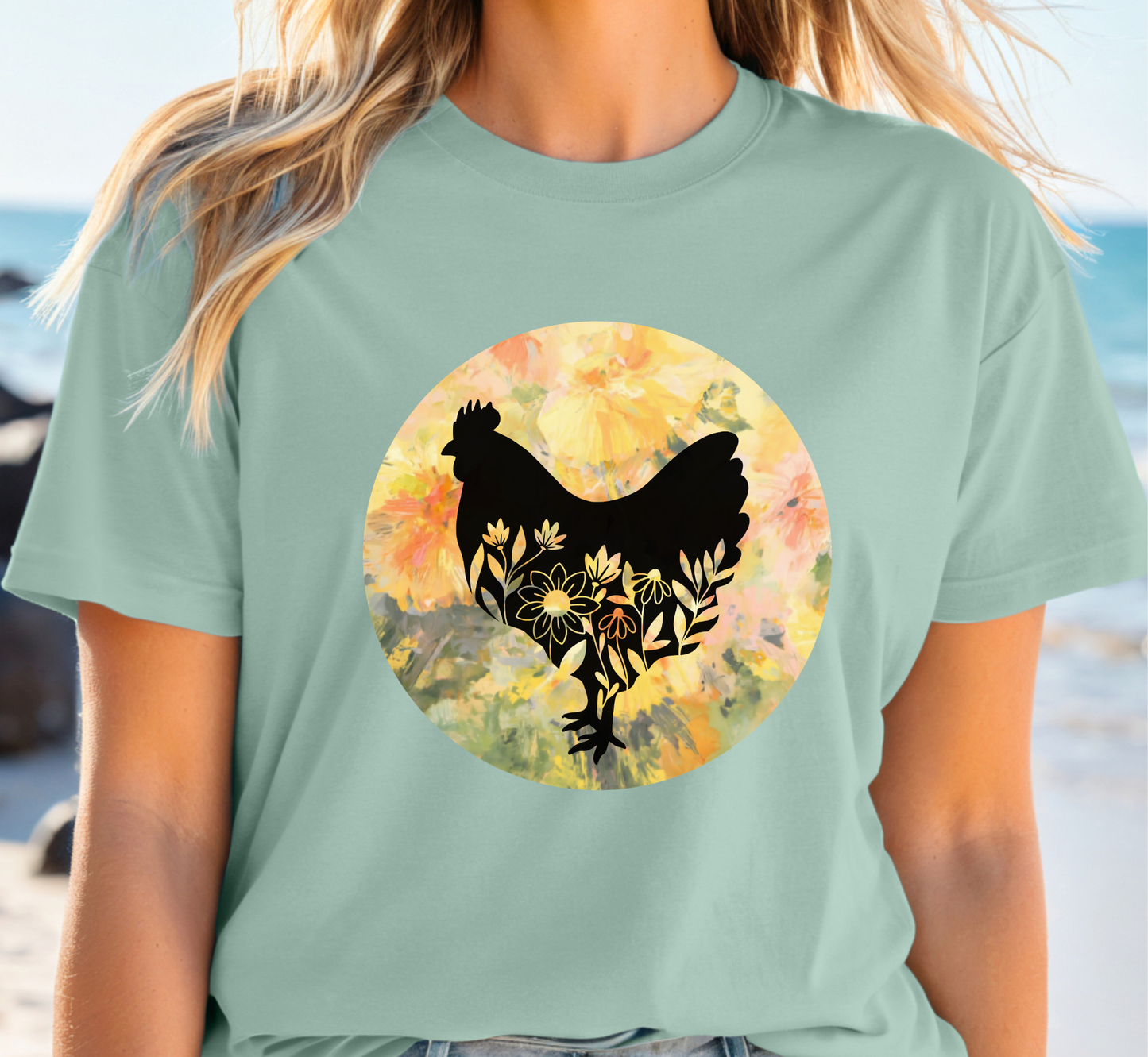 Floral Chicken Silhouette T-Shirt, Chicken Lover Tee, Flower Lover
