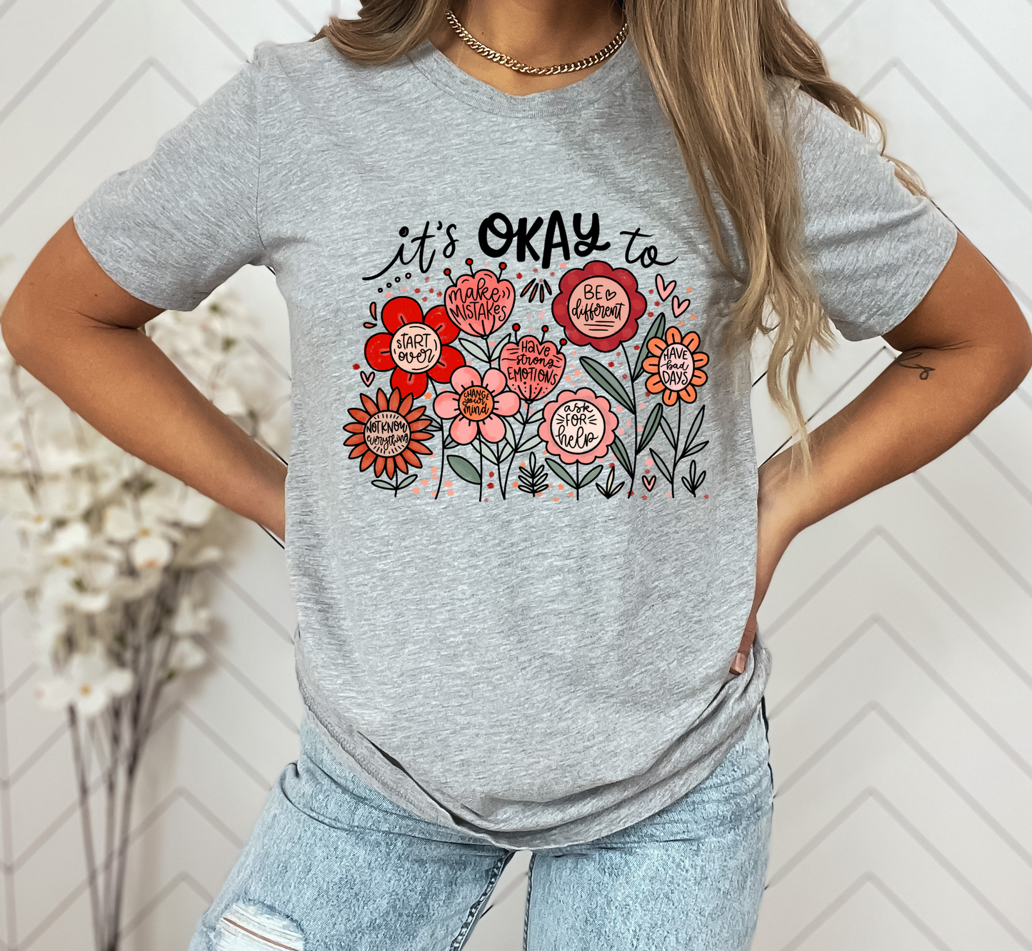 It's Okay To... Self-Kindness Boho Floral Tee, Inspirational T-Shirt