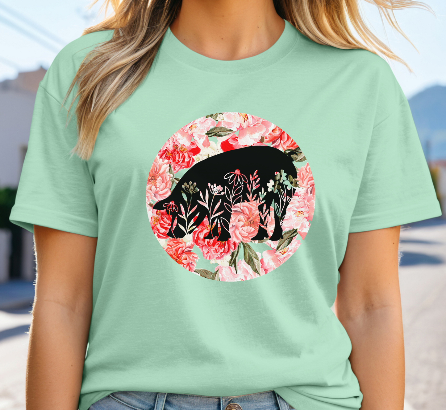 Floral Pig Silhouette T-Shirt, Piggy Lover Tee, Farm Animal Tee