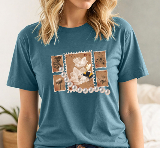 Sienna Floral Stamps with Bee Shirt, Vintage Postage Stamp T-Shirt,