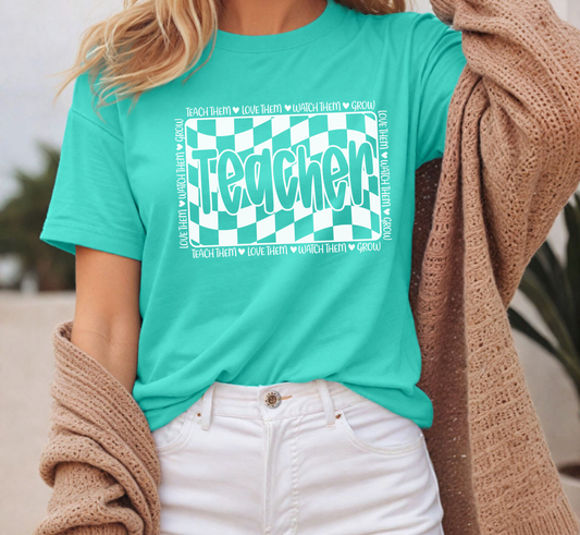 Retro Checkered Teacher Tee, Jewel Colors, Teach Them Love Them Watch Them Grow T-Shirt
