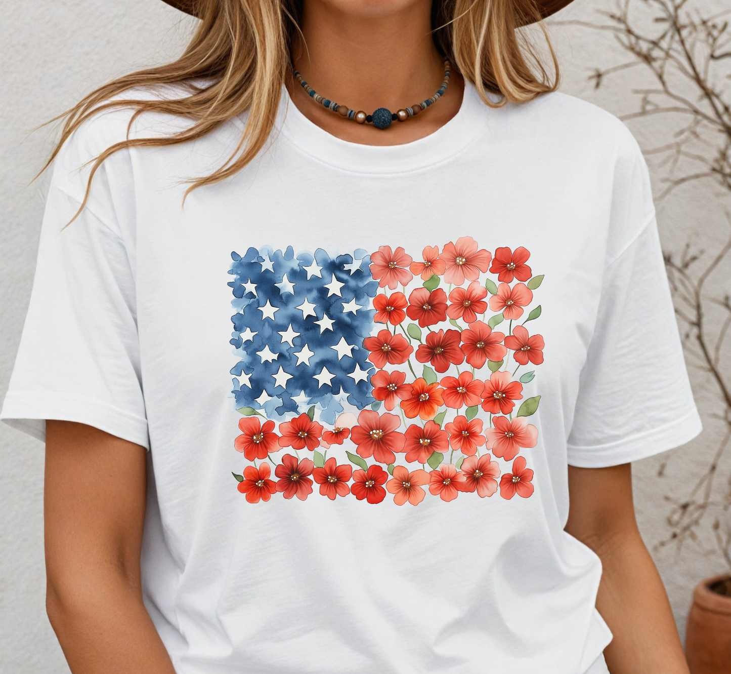 Patriotic Red Flower Striped Tee, Floral American Flag T-Shirt, 4th of July Shirt