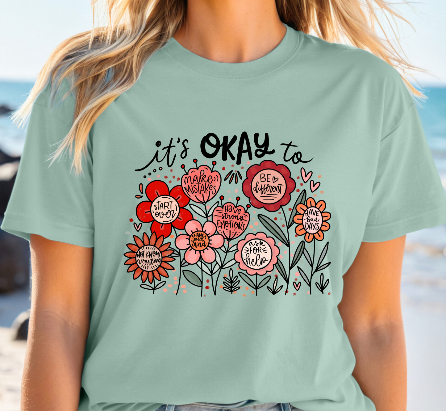 It's Okay To... Self-Kindness Boho Floral Tee, Inspirational T-Shirt