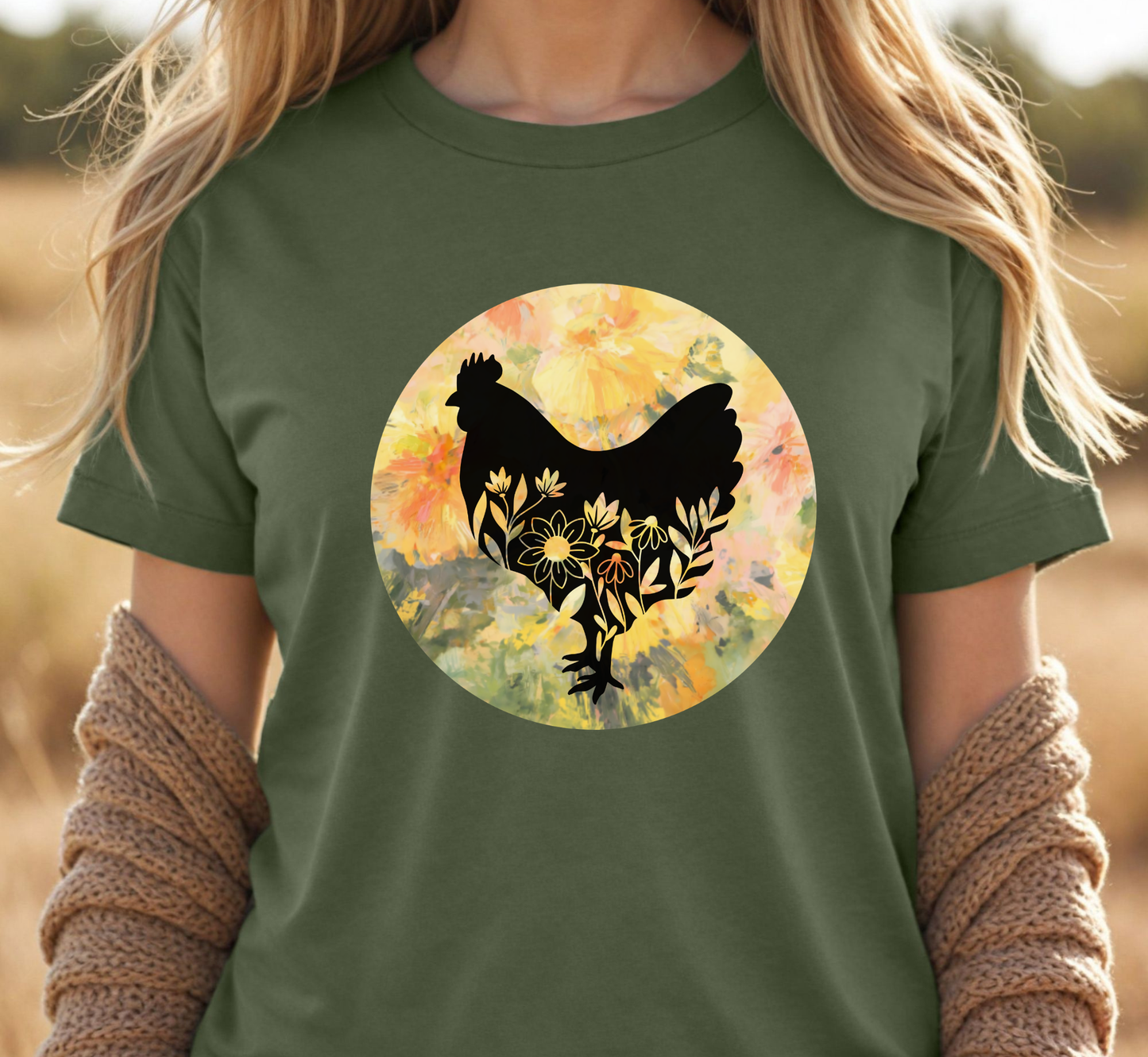 Floral Chicken Silhouette T-Shirt, Chicken Lover Tee, Flower Lover