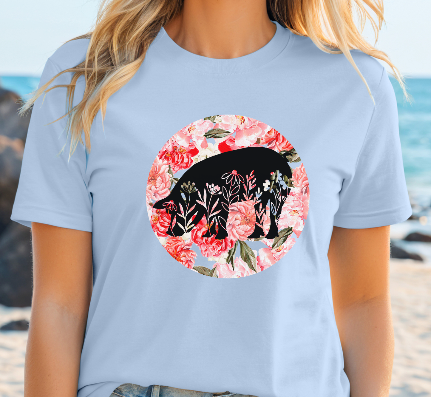 Floral Pig Silhouette T-Shirt, Piggy Lover Tee, Farm Animal Tee