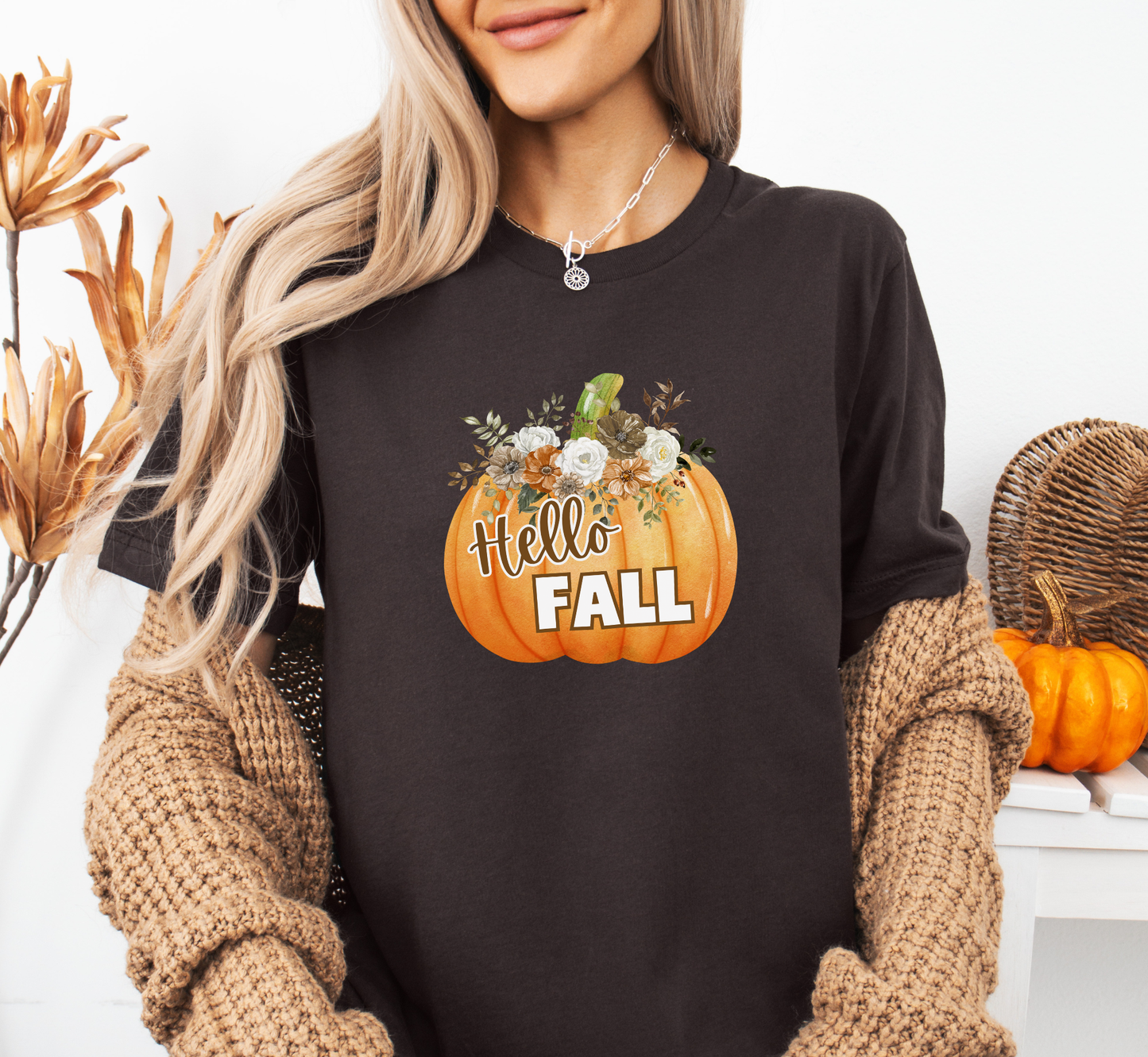 Hello Fall Floral Pumpkin T-Shirt, Fall Flower Arrangement Tee, Fall Lover, Autumn Lover