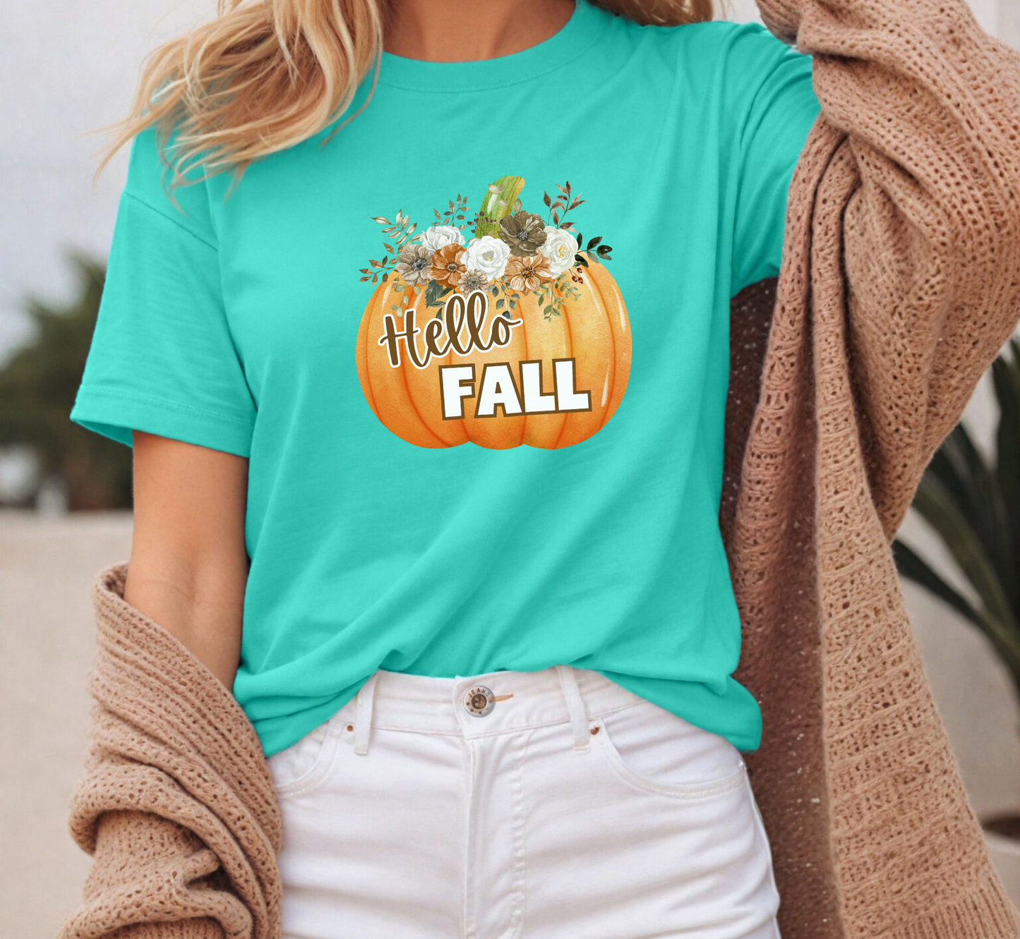Hello Fall Floral Pumpkin T-Shirt, Fall Flower Arrangement Tee, Fall Lover, Autumn Lover