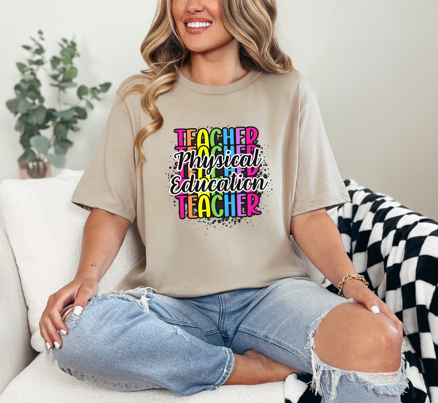PE Teacher Rainbow Paint Splatter Tee, Physical Education Teacher T-Shirt, Teacher Gift