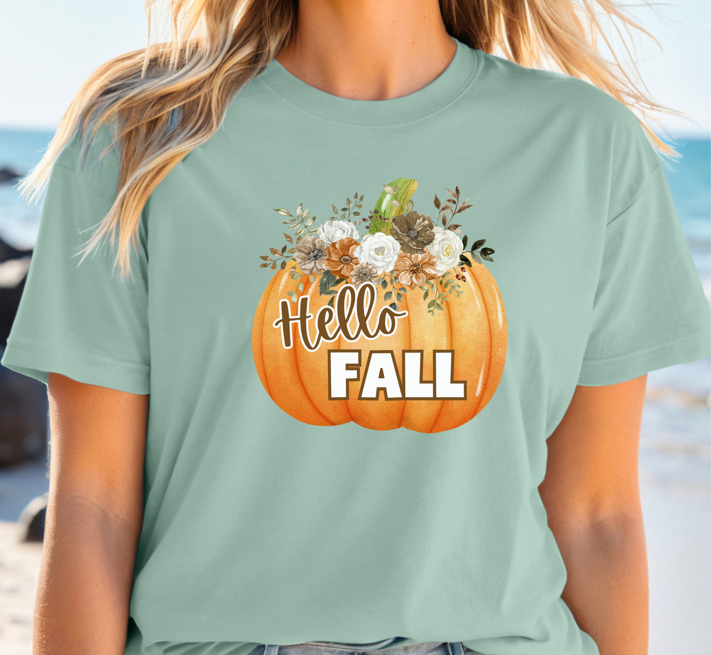 Hello Fall Floral Pumpkin T-Shirt, Fall Flower Arrangement Tee, Fall Lover, Autumn Lover