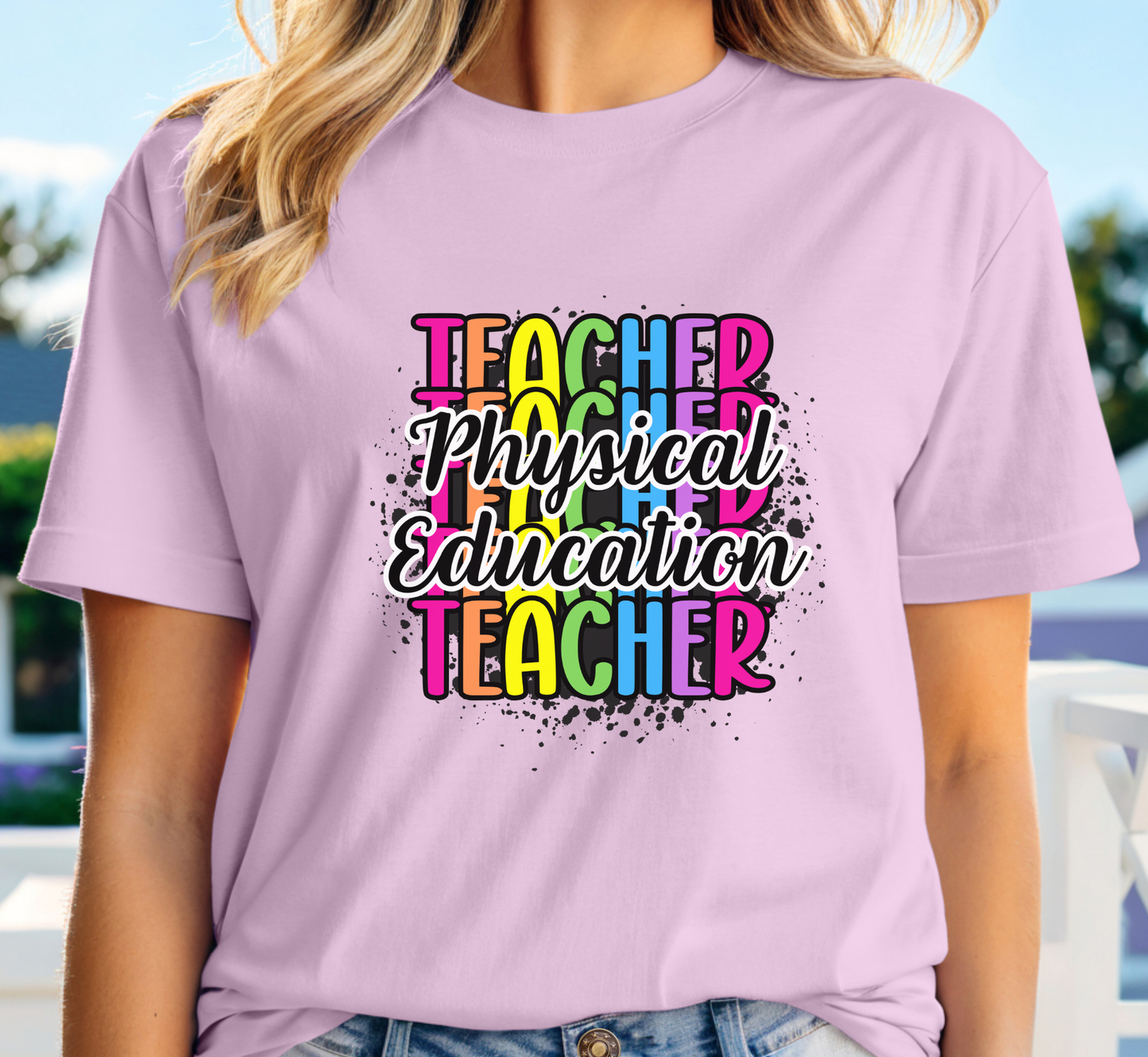 PE Teacher Rainbow Paint Splatter Tee, Physical Education Teacher T-Shirt, Teacher Gift