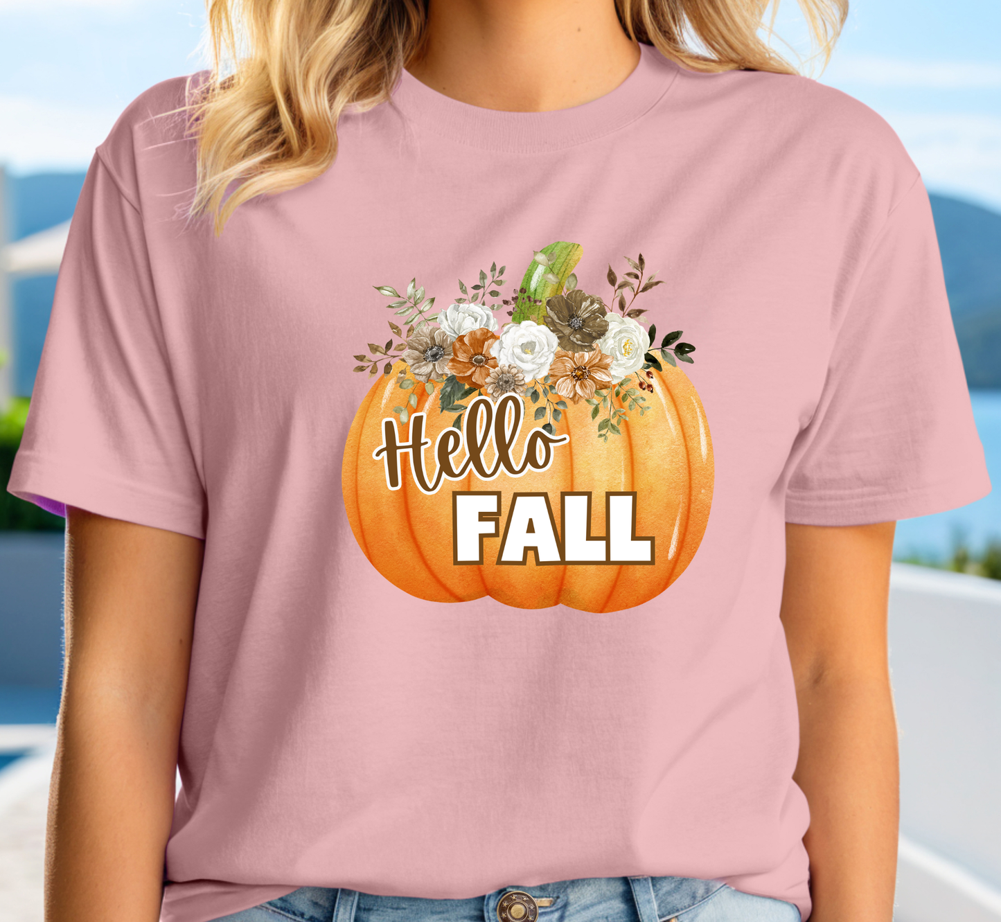 Hello Fall Floral Pumpkin T-Shirt, Fall Flower Arrangement Tee, Fall Lover, Autumn Lover