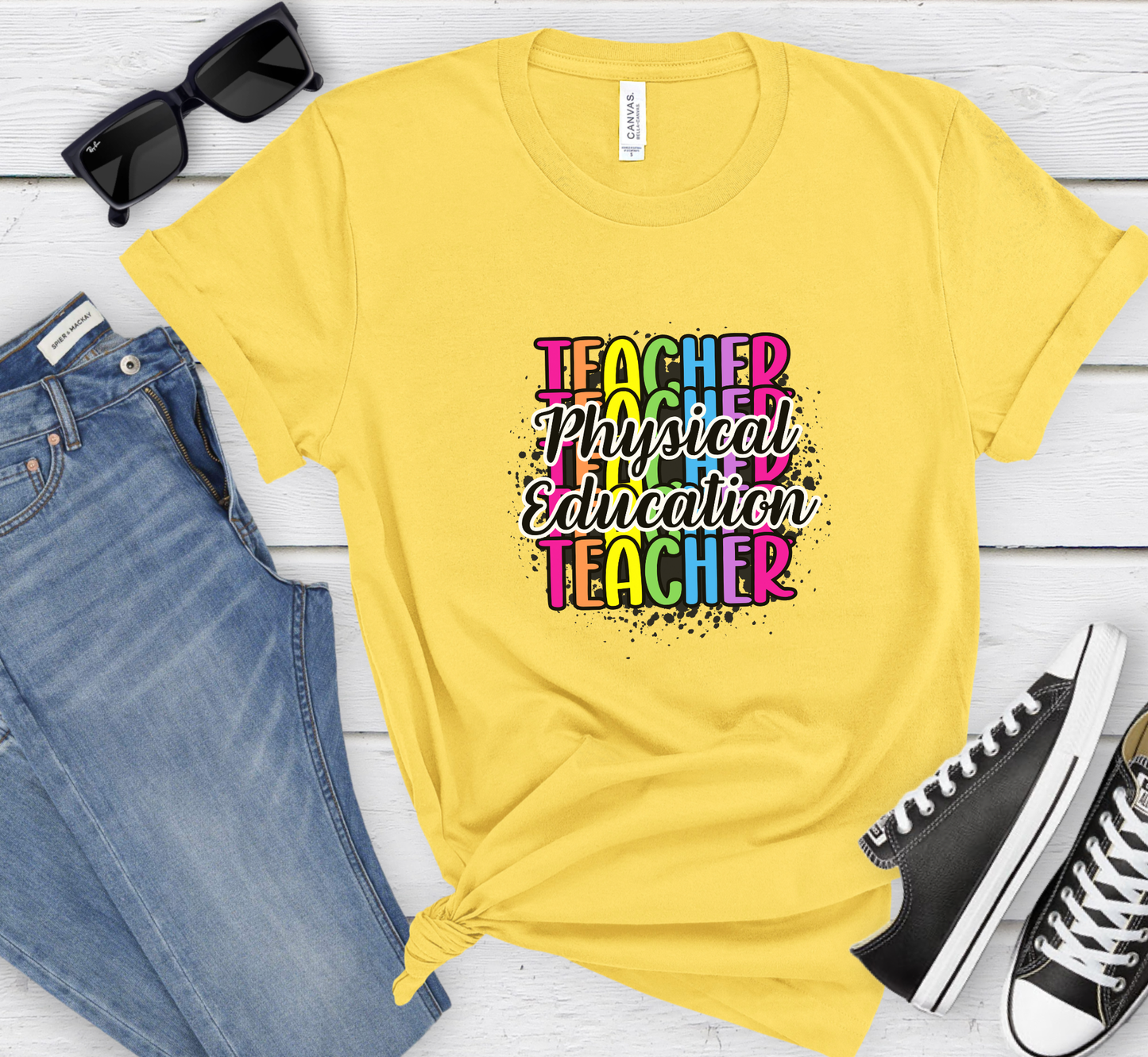 PE Teacher Rainbow Paint Splatter Tee, Physical Education Teacher T-Shirt, Teacher Gift