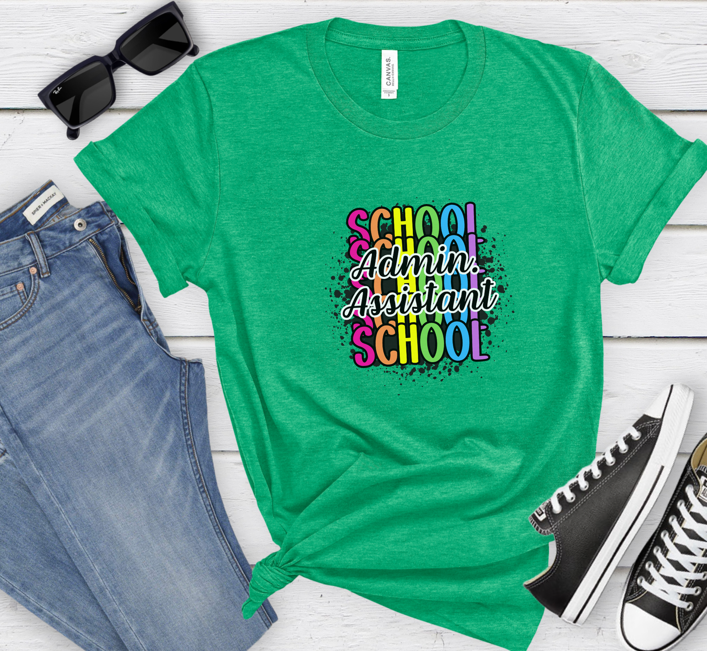 School Administrative Assistant T-Shirt, Rainbow Paint Splatter Tee,  Admin Assistant Day Gift
