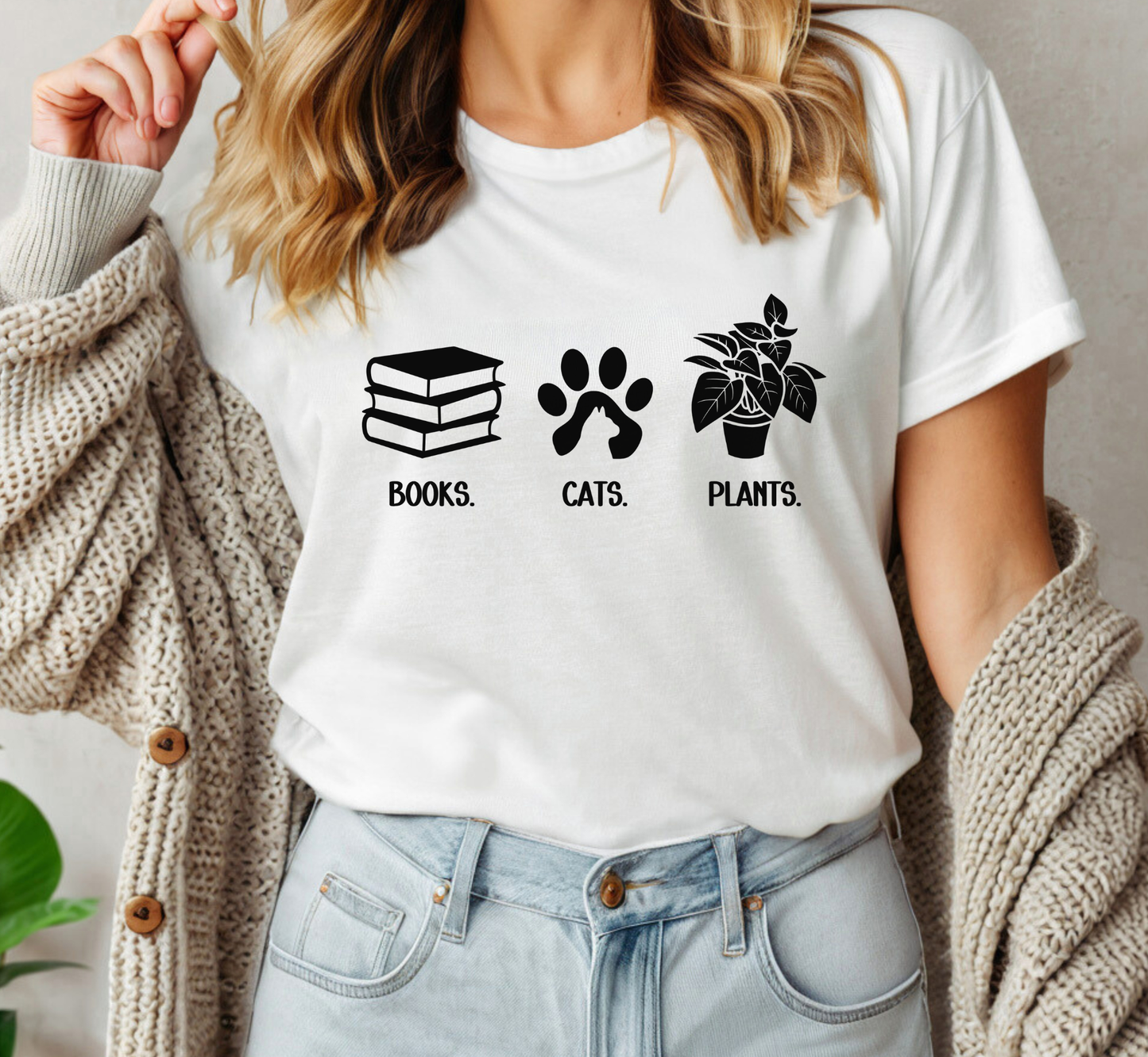 Books Cats Plants T-Shirt, Book Lover Tee, Cat Lover Shirt, Plant Lover Tee