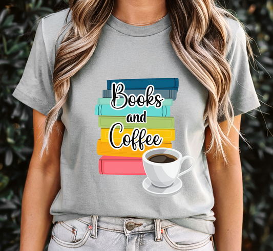 Books and Coffee T-Shirt, Rainbow Books Tee, Book Lover Tee, Coffee Lover Shirt